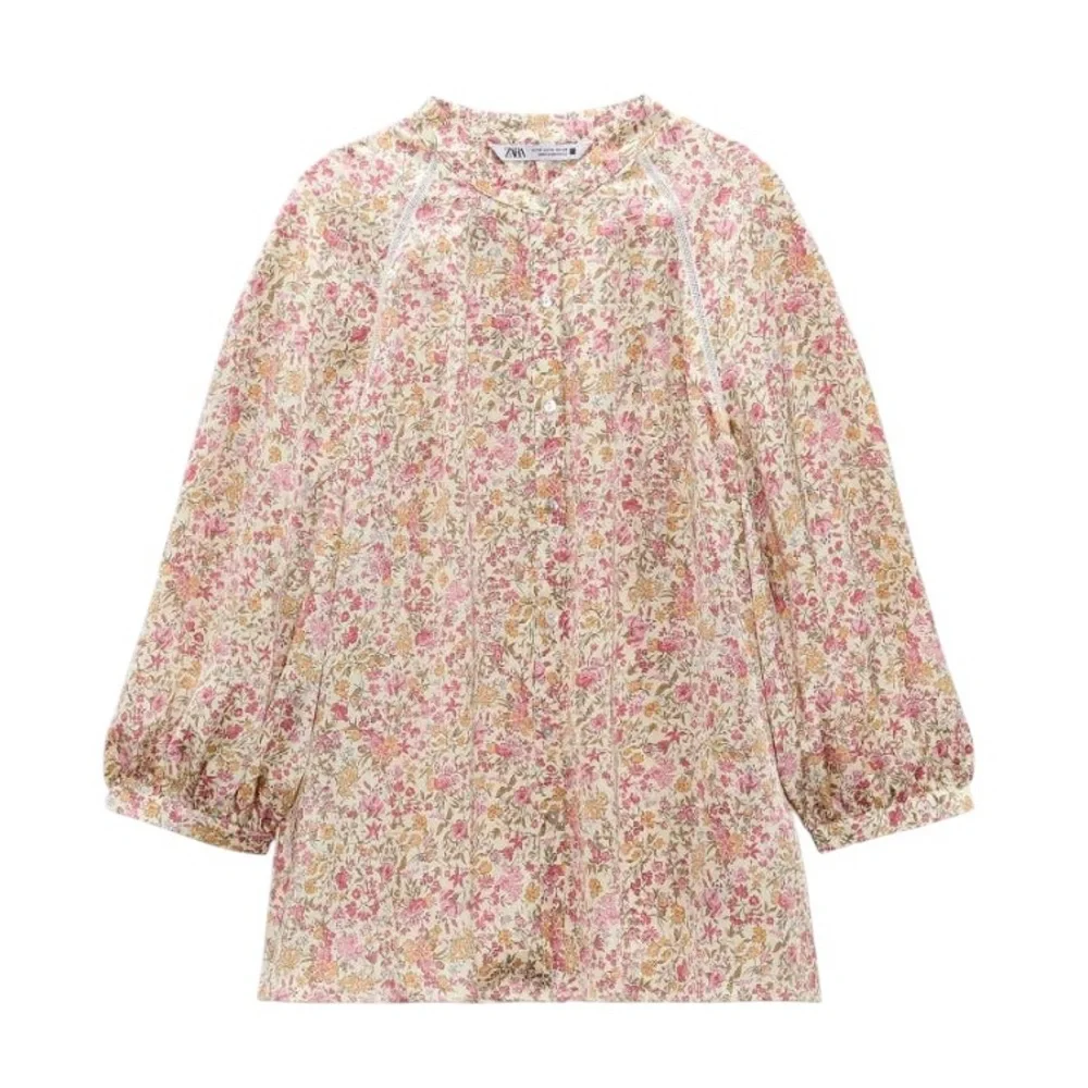 Zara Cream Pink Floral Print Satin 3/4 Puff Sleeve Lace Button Down Blouse - S